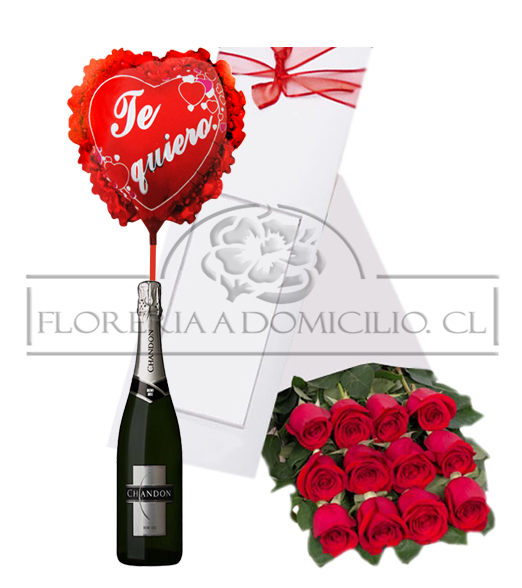 Caja de 12 rosas + Champagne + Globito
